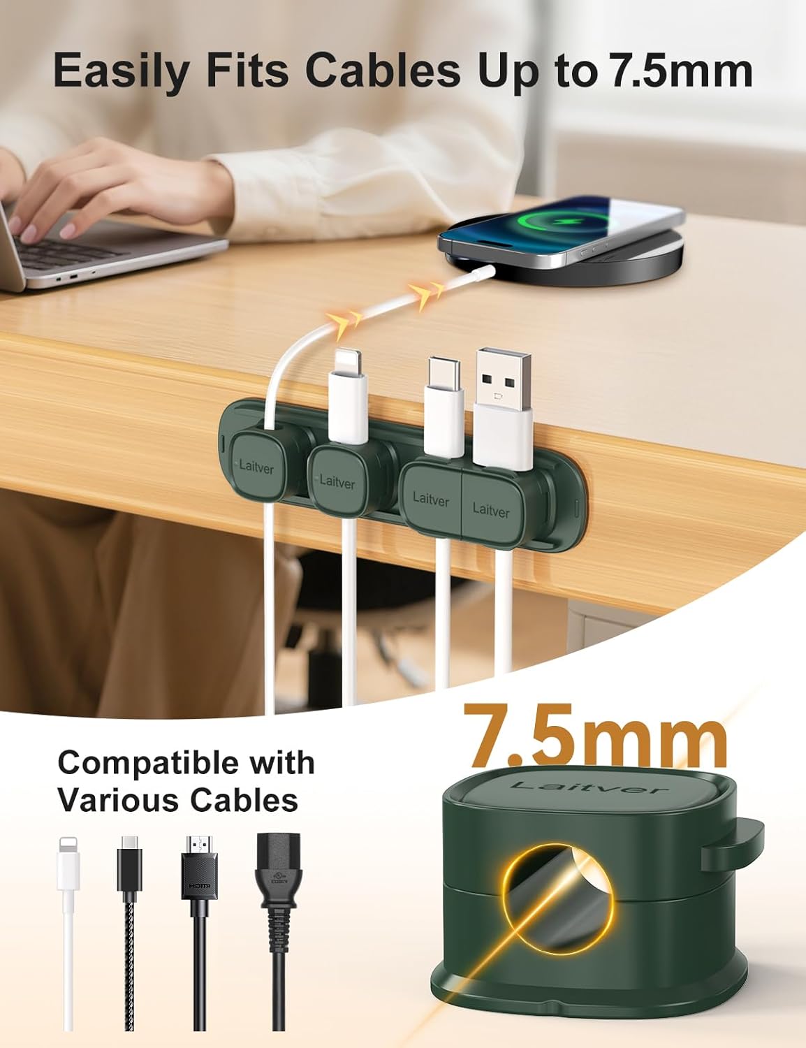 6 Pack Magnetic Cable Clips [1s Open/Lock], Laitver Cord Organizer Holder Strong Adhesive Desk Cable Management- Organize Charging Cords Neatly for Home, Office, Car,Desk, Nightstand