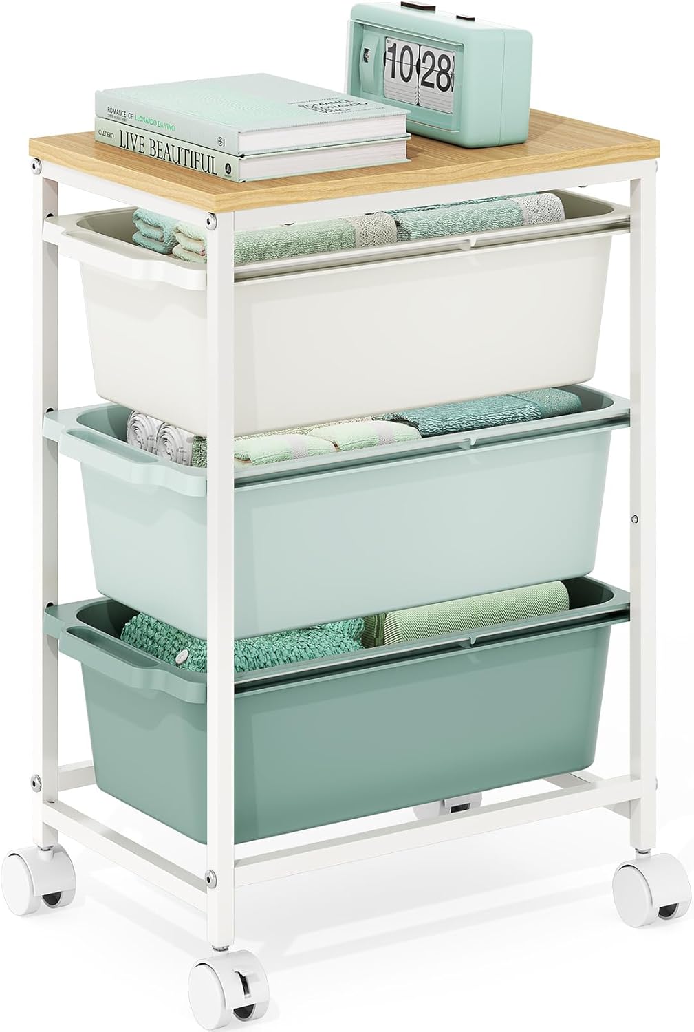 Rolling Storage Cart with 3 Drawers, Craft Organizer, Wooden Tabletop Utility Cart for Bedroom, Children's Room and Office Organization, Under Desk Trolley with Lockable Wheels,White