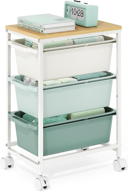 Rolling Storage Cart with 3 Drawers, Craft Organizer, Wooden Tabletop Utility Cart for Bedroom, Children's Room and Office Organization, Under Desk Trolley with Lockable Wheels,White