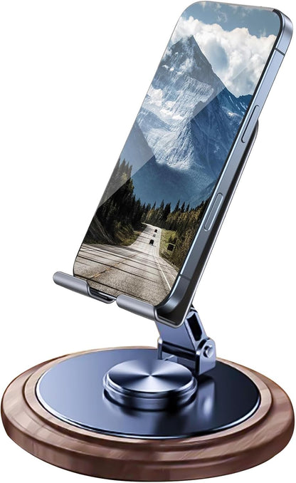 Adjustable Cell Phone Stand,360 Rotating Foldable Desktop Cellphone Stand with Anti-Slip Base Portable Phone Holder for iPhone 16 15 14 13 Pro Max, All Smart Phones, iPad (Wood)