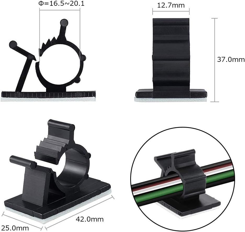 Viaky 30 Pcs Black Cable Wire Clips Adjustable Nylon Wire Holder Adhesive Cable Management Suitable for Maximum Diameter 0.5 inch (12.5mm) Cables