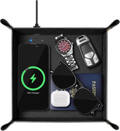Wireless Charging Valet Tray, Hi-HONX Travel Essentials Organizer with 15W Fast Qi Charger for Passport, Phone, Keys, Wallet | Bedside Desk Valet Tray for Hotel, Home Entryway, Dresser
