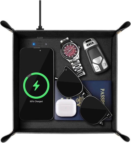 Wireless Charging Valet Tray, Hi-HONX Travel Essentials Organizer with 15W Fast Qi Charger for Passport, Phone, Keys, Wallet | Bedside Desk Valet Tray for Hotel, Home Entryway, Dresser
