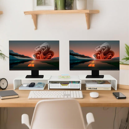 LEKETREE Dual Monitor Stand Riser with Drawer, Desk Organizer and Accessories, Pink Monitor Stand for Desk, Desktop Stand for Computer, Laptop, TV and More (Pink)
