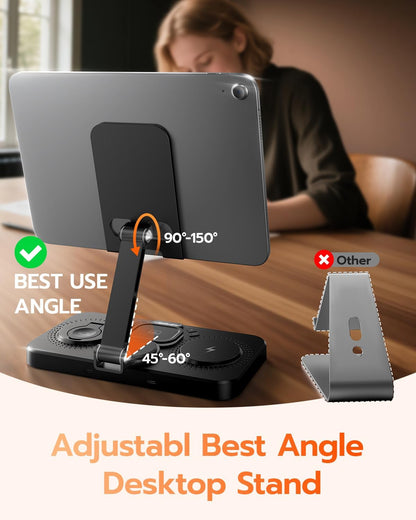 45W 6 in 1 Charging Station for Apple Multiple Devices with Clock & Light, 20W Fast Foldable Wired Charging Stand for iPad/Tab, Wireless Charger Design for MagSafe Charger for iPhone 17/iWatch/Airpods
