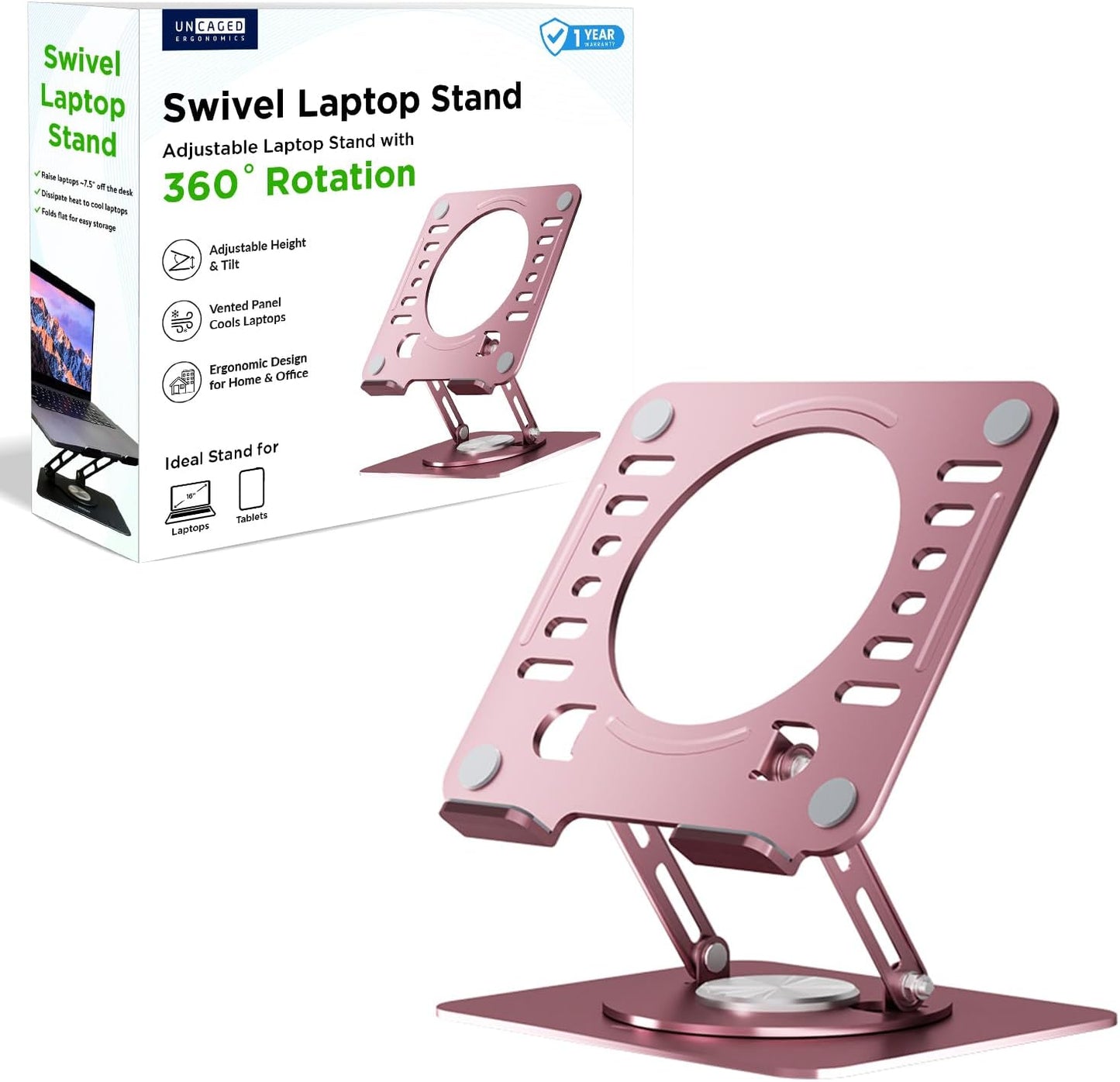 Uncaged Ergonomics Swivel Laptop Stand for Desk, Adjustable Computer iPad Stand for Desk w/ 360 Rotation, Portable Laptop Holder for Home Office Ergonomic Supplies (Black)