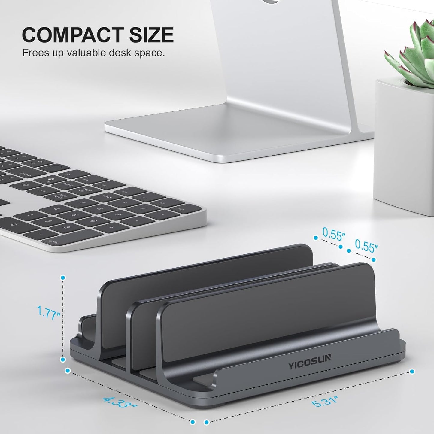 YICOSUN Aluminum Vertical Laptop Stand for Desk - Adjustable Width Dock for MacBook, Surface, Samsung, HP, Dell up to 17.3 inches - Space-Saving & Protective Design - Gray