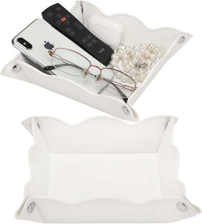 Valet Tray for Men Women 2 Pack - PU Leather Travel Catchall Tray Organizer - Desk Bedside Nightstand Storage Box for Jewelry Key Phone Remote Controller Wallet Watch Glasses Readers -White