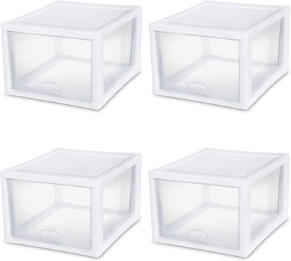Sterilite 6-Pack 6 Quart Stacking Drawer, Clear Storage Closet Organizer, White Frame - Stackable Modular Plastic Drawers for Clothes, Accessories, Craft Supplies, Shoes or Linens