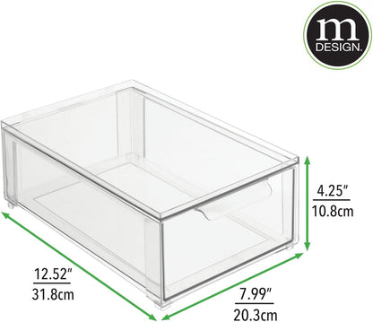 mDesign Plastic Stackable Closet Storage Organizer Bin Containers with Front Pull Drawer for Cabinet, Desk, Shelf, Cupboard, or Dresser Organization - Lumiere Collection - Clear