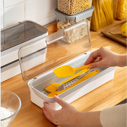 Transparent Flatware Tray Kitchen Drawer Organizer With Lid - Plastic Kitchen Cutlery Tray and Utensil Silverware Storage Container with Cover - Dinnerware Holder for Spoons Forks Knives