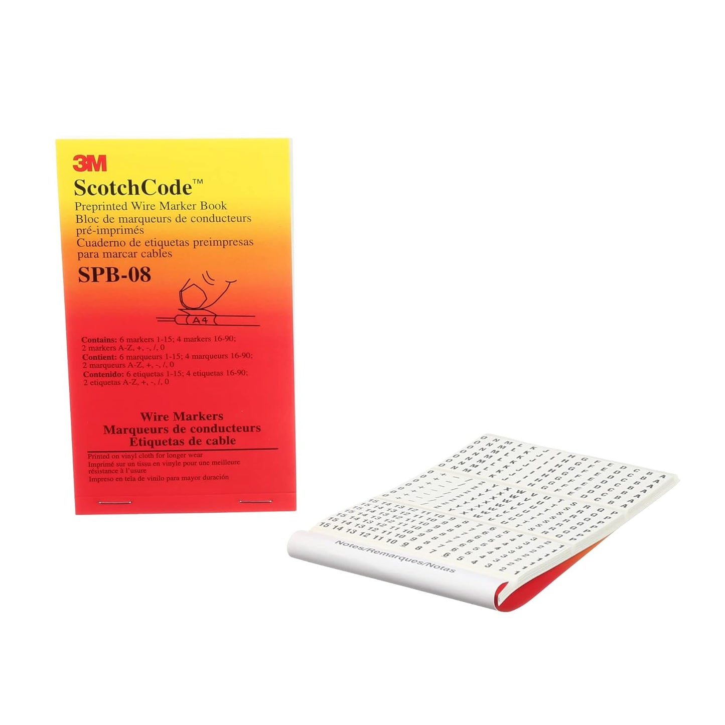 3M ScotchCode Pre-Printed Wire Marker Book SPB-03, Vinyl Coated, Black Printed Numbers (10) each 1–45, White Background Highlights Characters, 1 Book