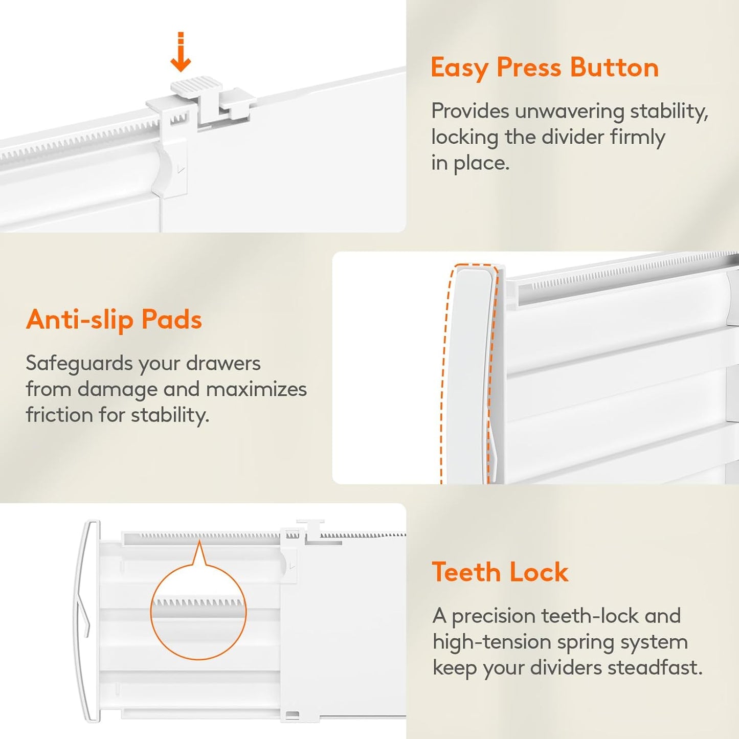 Lifewit Drawer Dividers for Clothes, 3.2" Tall 10.5"-16.5" Expandable Dresser Drawer Organizers, Adjustable White Plastic Separators for Kitchen, Cabinet, Nursery, Socks & Underwear Storage, 4 Pack
