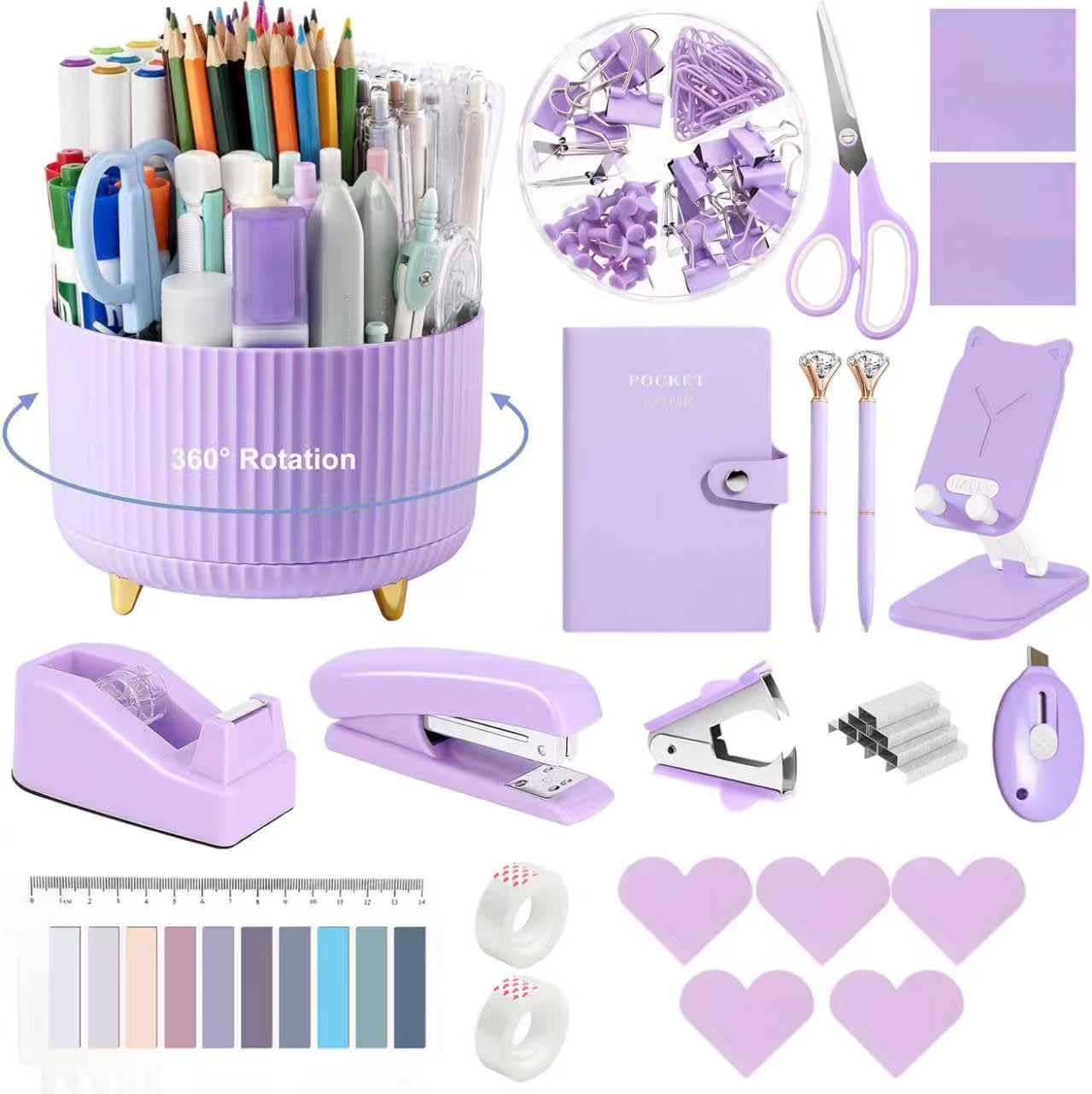 suniya Office Supplies,Gold Desk Accessories,with Stapler,Tape Dispenser,Pen Holder,Scissors,Phone Stand,Staple Remover,Ballpoint Pen,Clear Tape, Staples,Ruler,Clips,Best Gift for Business or Boss