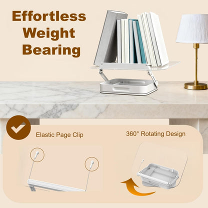 Premium Acrylic Book Stand for Reading & Cookbooks, 360° Rotating Adjustable Book Holder, Foldable Desktop Riser for Thick Textbooks, Sheet Music & Laptops, with Page Clips (Clear)