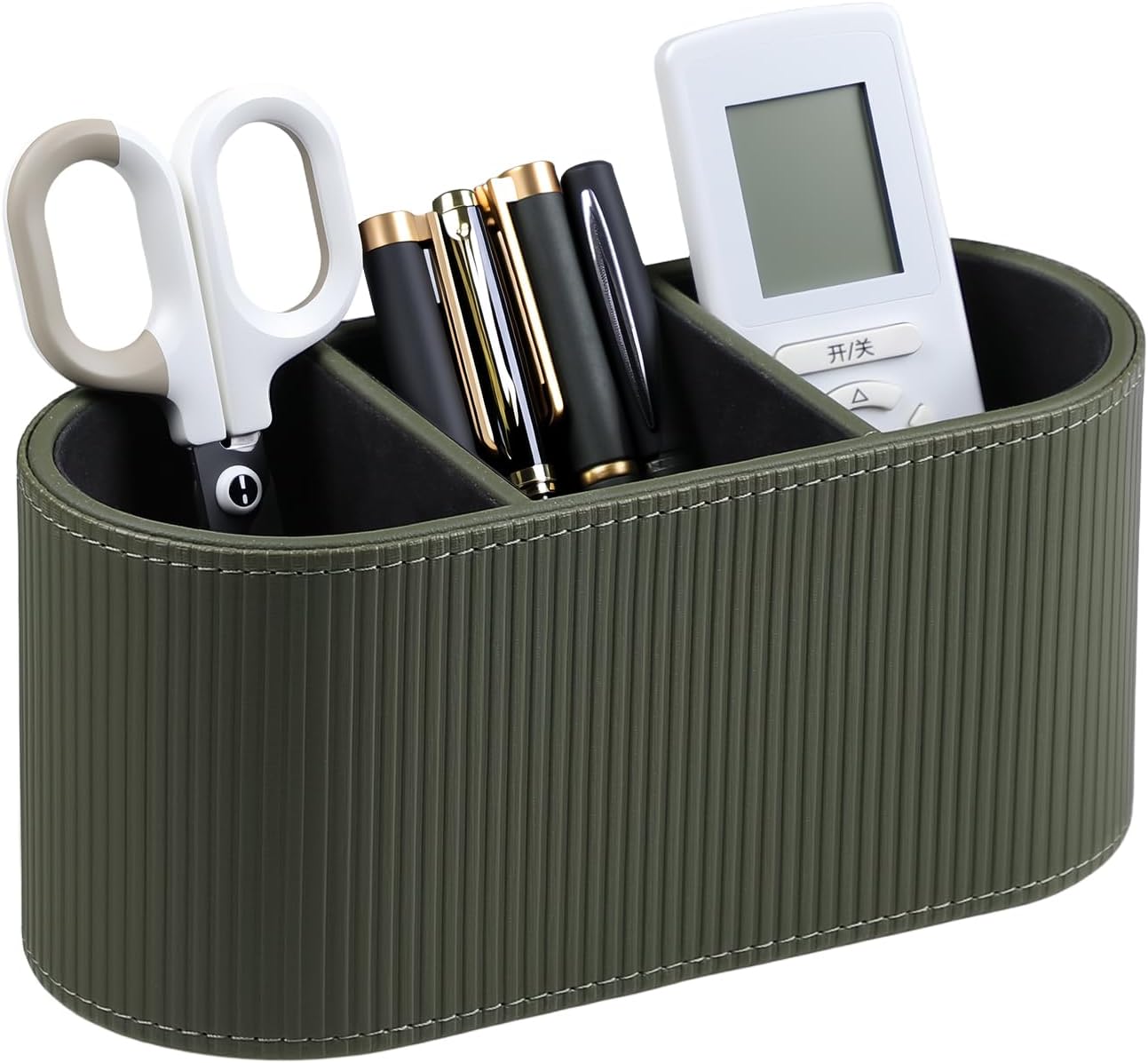 Aesthetic Remote Control Holder, PU Leather Pen Holder for Desk with 3 Compartments for Home Office Supplies and Accessories, Stylish Bedside Remote Holder Nightstand Desktop Organizer (Beige)