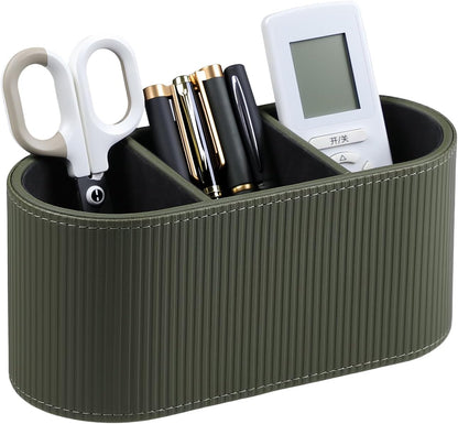 Aesthetic Remote Control Holder, PU Leather Pen Holder for Desk with 3 Compartments for Home Office Supplies and Accessories, Stylish Bedside Remote Holder Nightstand Desktop Organizer (Beige)