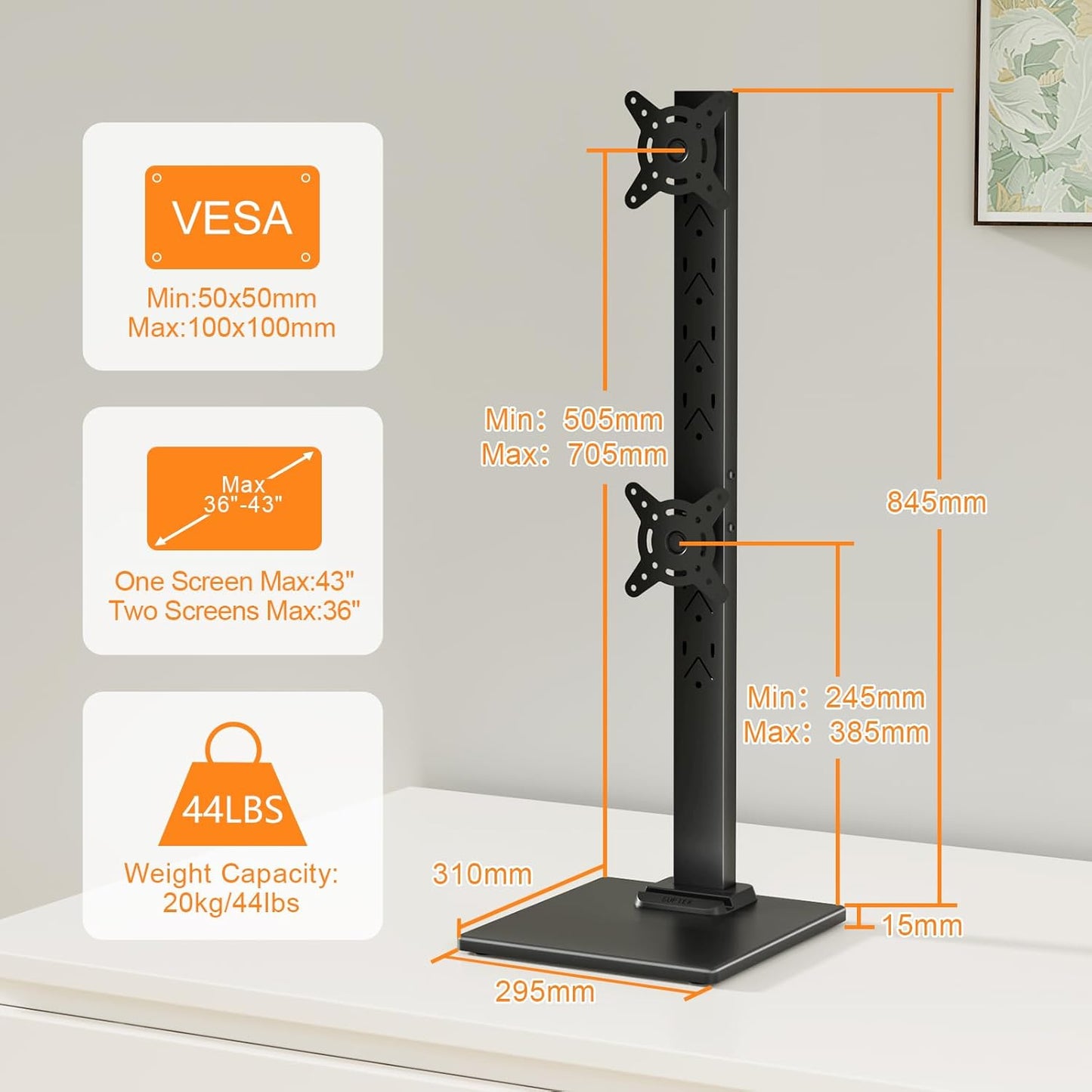 Suptek Single LCD Computer Monitor Free-Standing Desk Stand Mount Riser for 13 Inch to 43 Inch Screen with Swivel, Height Adjustable, Rotation, 50, 75, 100mm VESA Base Stand, Black