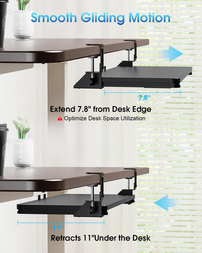 Large Keyboard Tray Under Desk, Pull Out Keyboard & Mouse Tray with Adjustable C-clamp, 25.6(31.5 Including Clamps) x 11.8 Inch Slide Out Computer Keyboard Drawer Mouse Tray for Typing, Brown