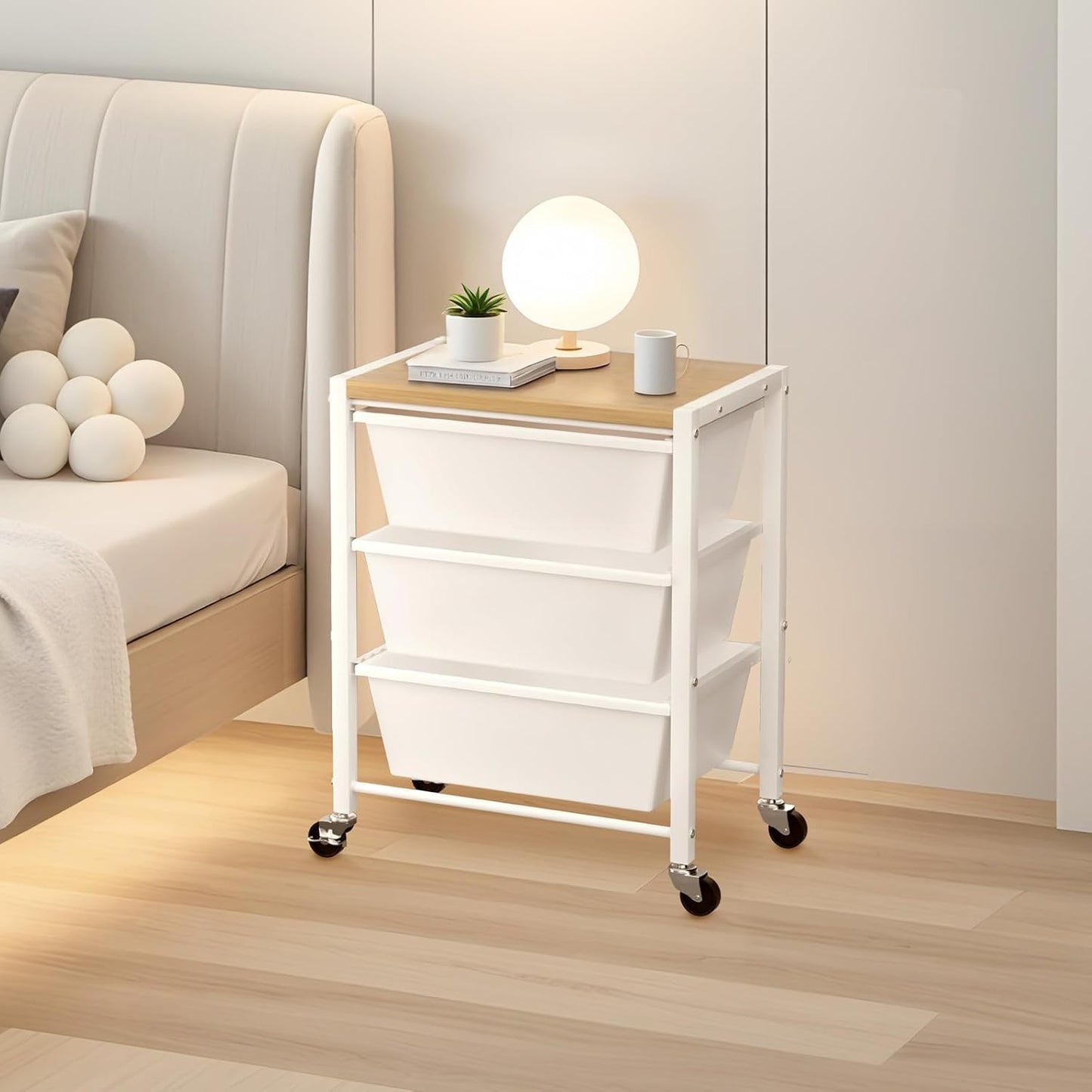 Rolling Cart with 3 Drawers, Plastic Drawer Storage Carts with Lockable Wheels & Wooden Tabletop, Metal Utility Cart Organizer, Office Bedroom Classroom Craft Organization and Storage, Bright White