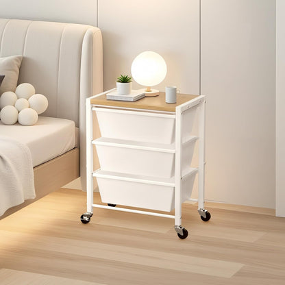 Rolling Cart with 3 Drawers, Plastic Drawer Storage Carts with Lockable Wheels & Wooden Tabletop, Metal Utility Cart Organizer, Office Bedroom Classroom Craft Organization and Storage, Bright White