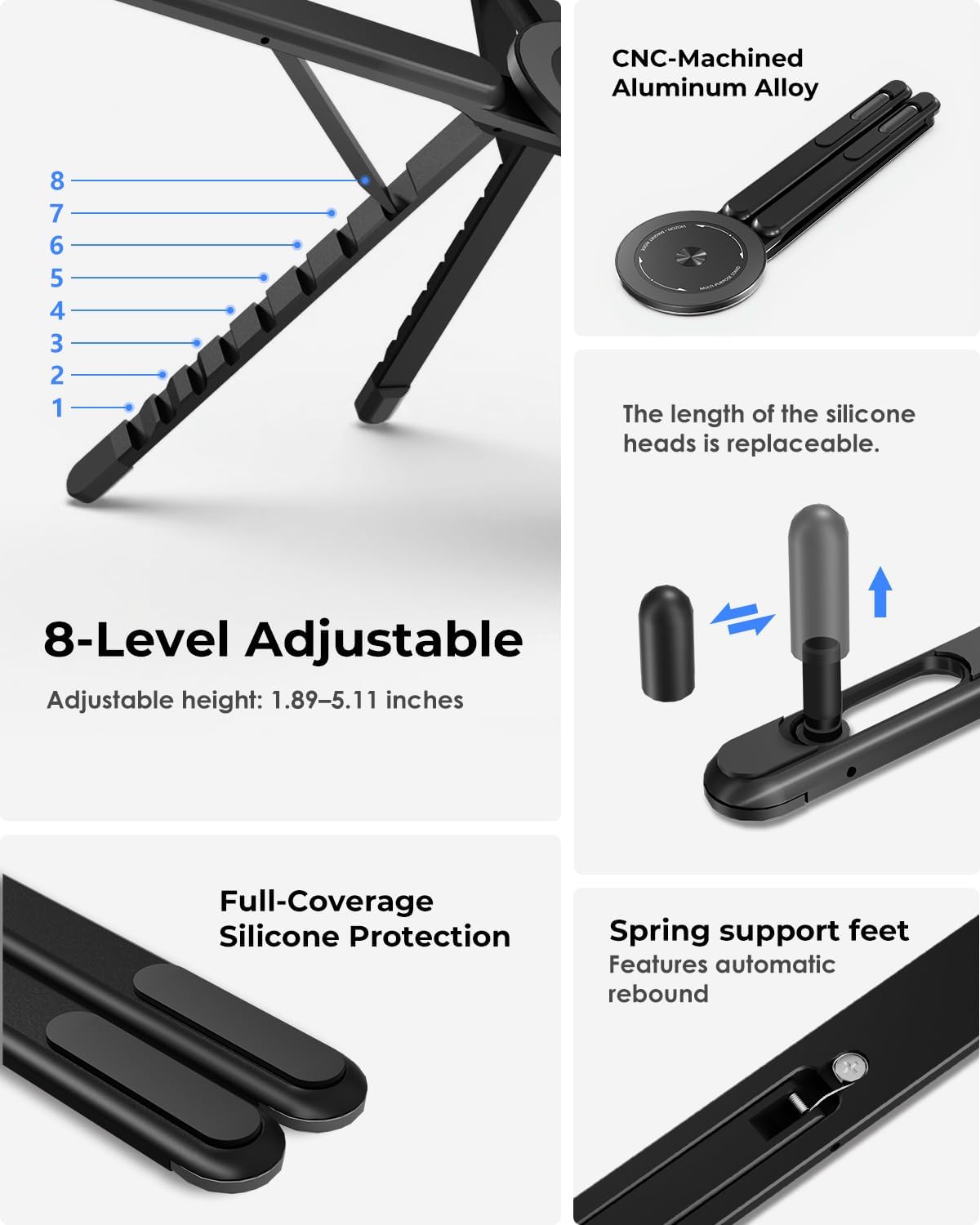 Viozon Portable Laptop Stand for Desk, Foldable Adjustable Computer Riser with Magnetic Phone Holder, Aluminum Laptop Stand for 10–16” Laptops & 4–13” Phones/Tablets (Silver)