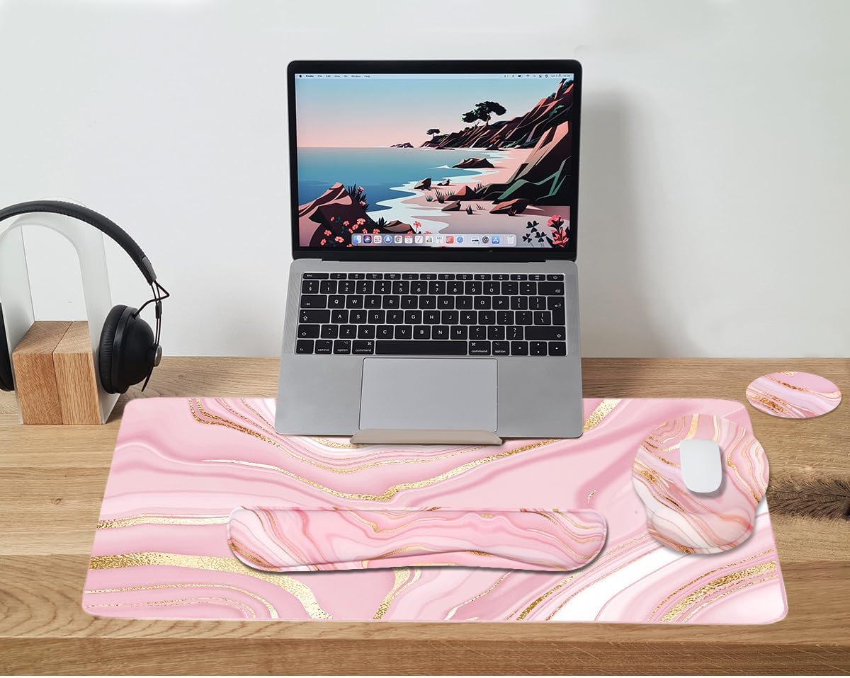 Memory Foam Ergonomic Keyboard Wrist Rest Pad and Mouse Wrist Rest Support Mouse Pad Set for Office Gaming Easy Typing-Pink Fluid