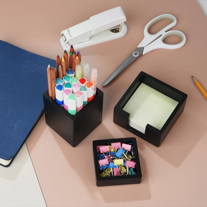 RAWILL 3 PCS Black Wooden Desk Organizer Set Pine Wood Office Desk Accessories with Pen Holder, Paperclip Storage and Sticky Note Holder, Wood Grain Clear, Ideal Gift for Office and Family