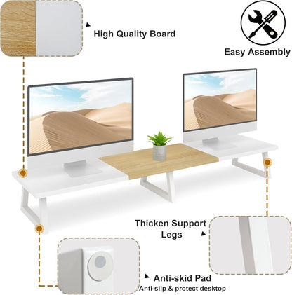 TEAMIX 42 inch Large [Dual] [Monitor] [Riser],Rustic Brown Extra Long TV [Stand Wood & Steel Desktop [Riser] with Storage for [Dual] Screen Office Desk Organization