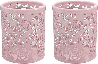 CTKcom 2 Pack Hollow Rose Flower Pattern Metal Pen Pencil Pot Cup Holder Desk Container Organizer,2 Pieces,Pink