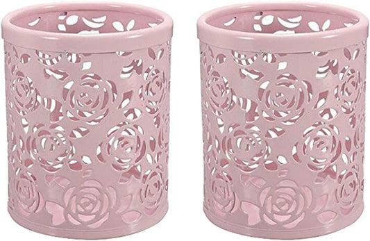 CTKcom 2 Pack Hollow Rose Flower Pattern Metal Pen Pencil Pot Cup Holder Desk Container Organizer,2 Pieces,Pink
