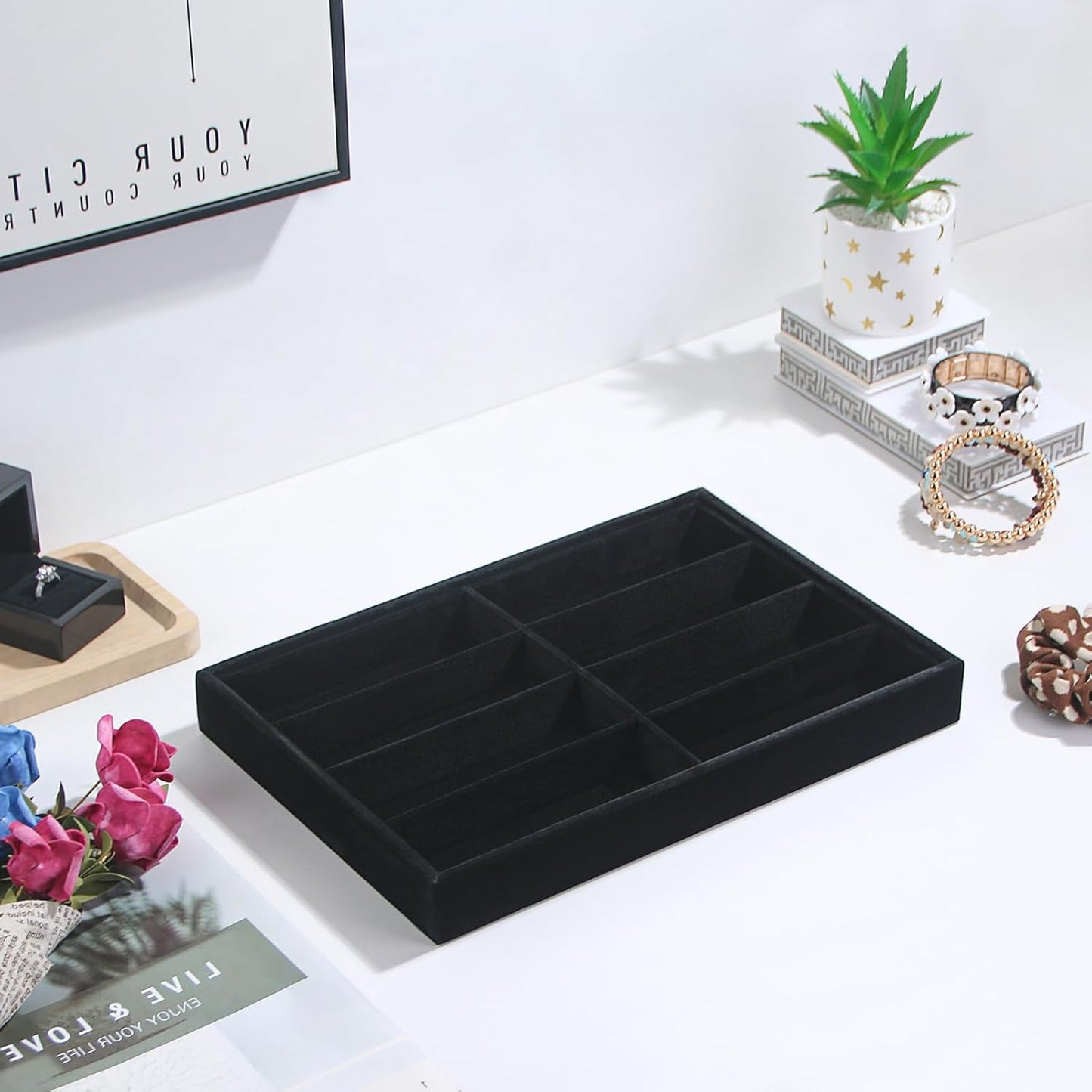 Coward Stackable Jewelry Trays Organizer Set with Clear Lid, Trays for Drawer, Earring Necklace Bracelet Ring Display Organizer (beige(ring+12girds+30girds+The glass lid))