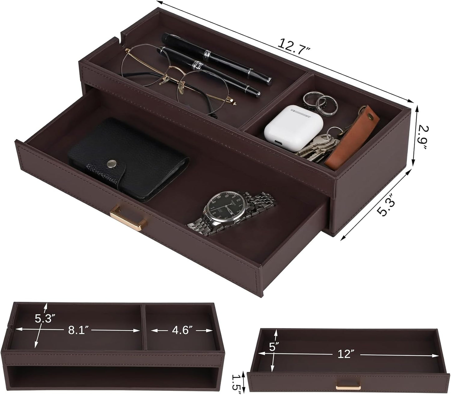 HofferRuffer Valet Jewelry Tray Organizer with Drawer, Faux Leather Storage Catchall Box Phone Charging Station Tray with Dresser Nightstand Desktop Drawer Organizer (Black)