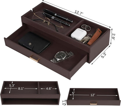 HofferRuffer Valet Jewelry Tray Organizer with Drawer, Faux Leather Storage Catchall Box Phone Charging Station Tray with Dresser Nightstand Desktop Drawer Organizer (Black)