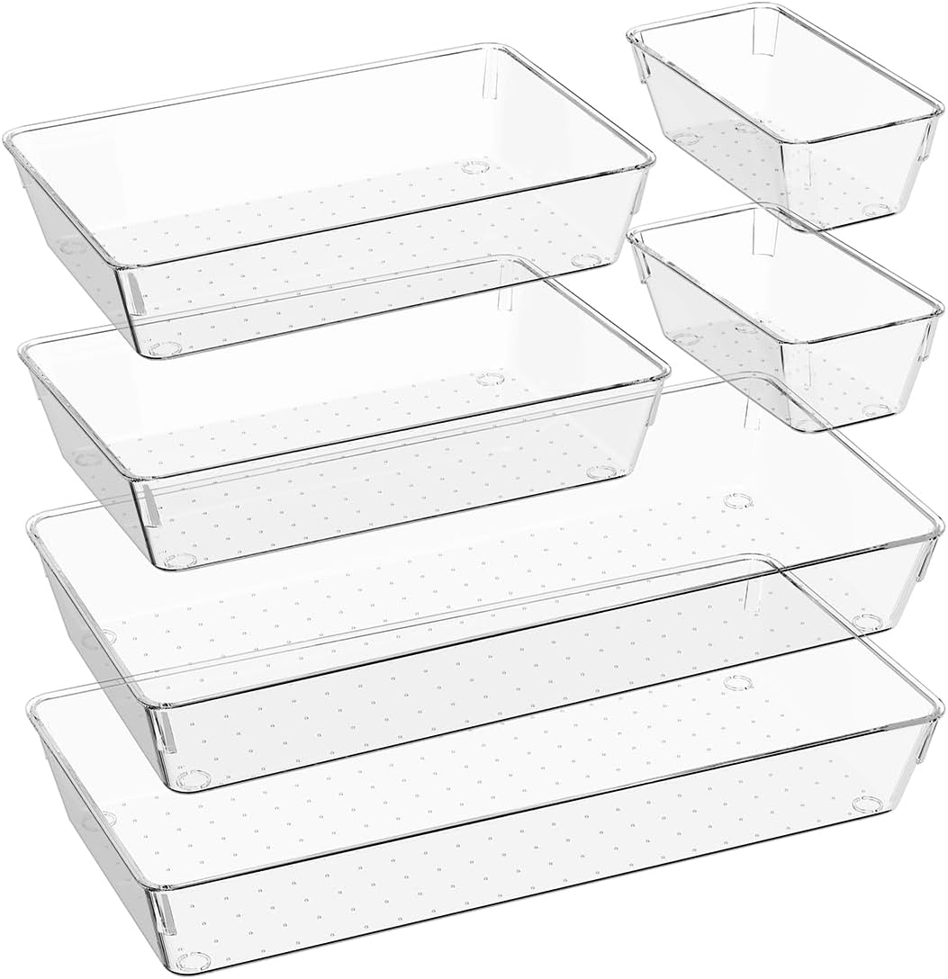 Kutesna 3 Pcs Large Clear Drawer Organizer Set, 15" X 6" Desk Drawer Organizers Trays with Non-Slip Silicone Pads, Storage Bins for Makeup, Office, Kitchen Gadgets Utensils, Bedroom, Tools, Bathroom