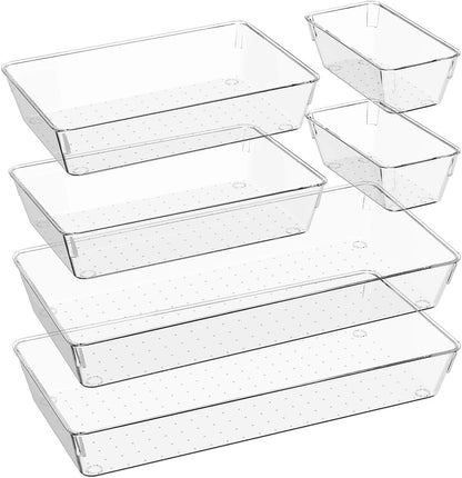 Kutesna 3 Pcs Large Clear Drawer Organizer Set, 15" X 6" Desk Drawer Organizers Trays with Non-Slip Silicone Pads, Storage Bins for Makeup, Office, Kitchen Gadgets Utensils, Bedroom, Tools, Bathroom