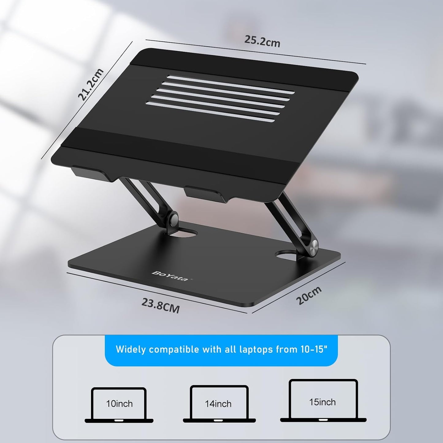 BoYata Laptop Stand, Adjustable Laptop Riser with Slide-Proof Silicone and Protective Hooks, Aluminum Notebook Stand for Laptop up to 15 Inches, Laptop Holder Compatible for MacBook (Silver-2)