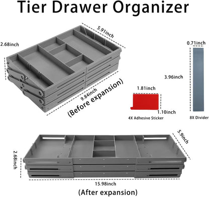 3 Tier Drawer Organizer Collapsible, Multi Level Drawer Organizer, Junk Drawer Organizer for Office, Makeup, Jewelry, Vanity, Kitchen(1 Row 3 Tier)