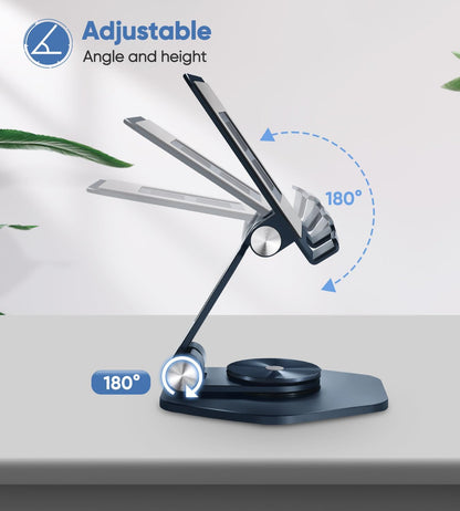 Aluminum Tablet Stand for Desk, 360° Swivel iPad & Tablet Holder – Thickened Material & Foldable Desktop Mount for 5–12.9in Devices, Black
