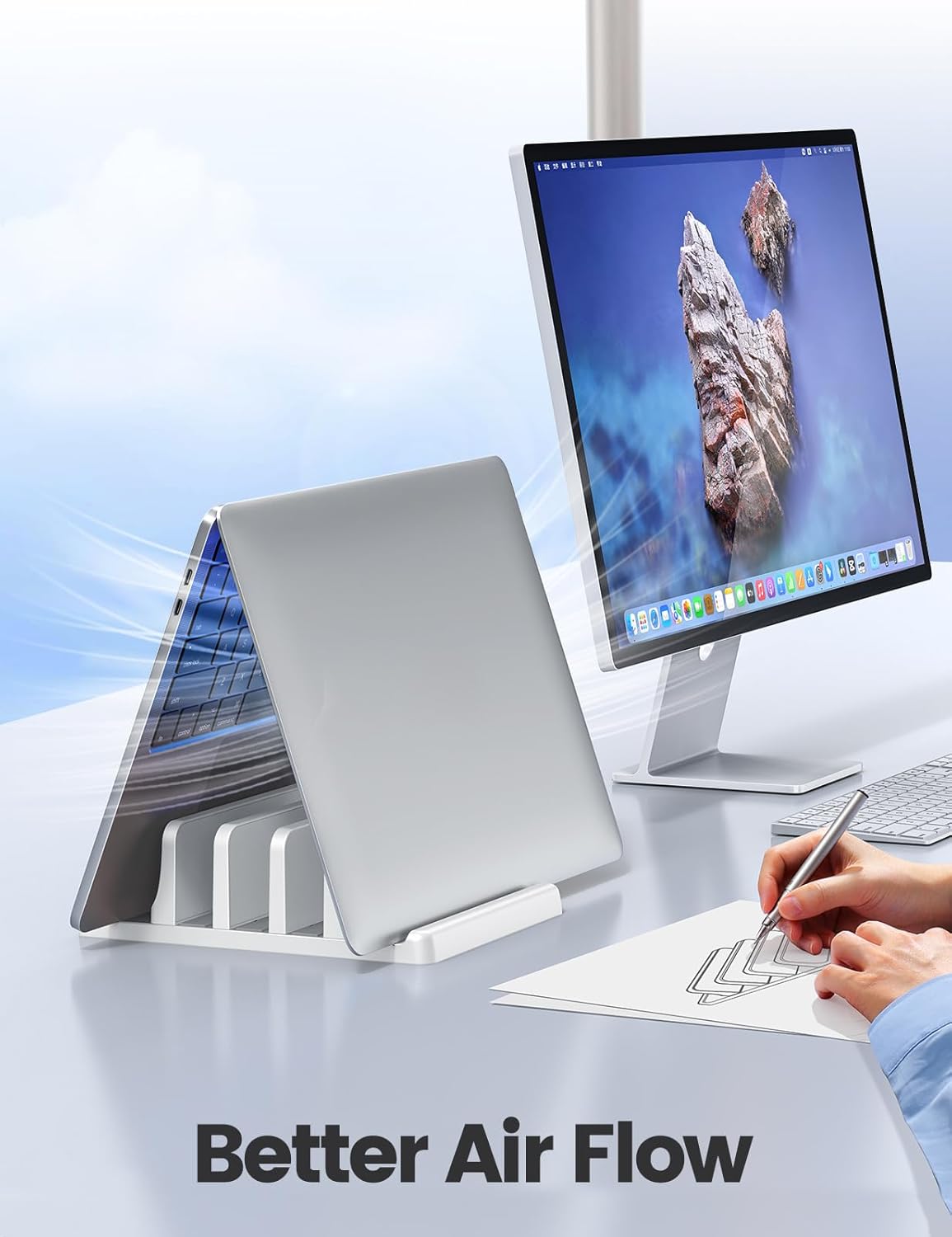 Vaydeer 3-Slot Vertical Laptop Stand Organizer, Laptop Storage Holder Made of Premium ABS Plastics 5 in 1 Design,Desktop Space-Saving Adjustable Desk Organizer for All MacBook/Chromebook/Surface