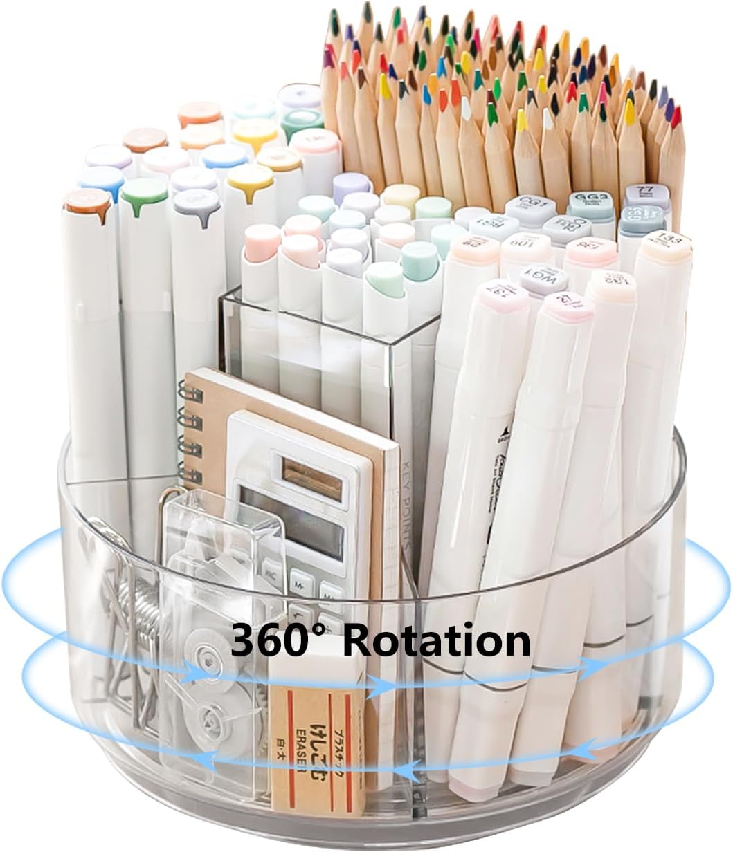 JIKIOU Acrylic Pen Holder, 360-Degree Rotating Pen Holder for Desk, Clear Desk Organizers and Accessories with 5 Compartments Pencil Organizer, Art Supply Storage Box Caddy for Office, Home