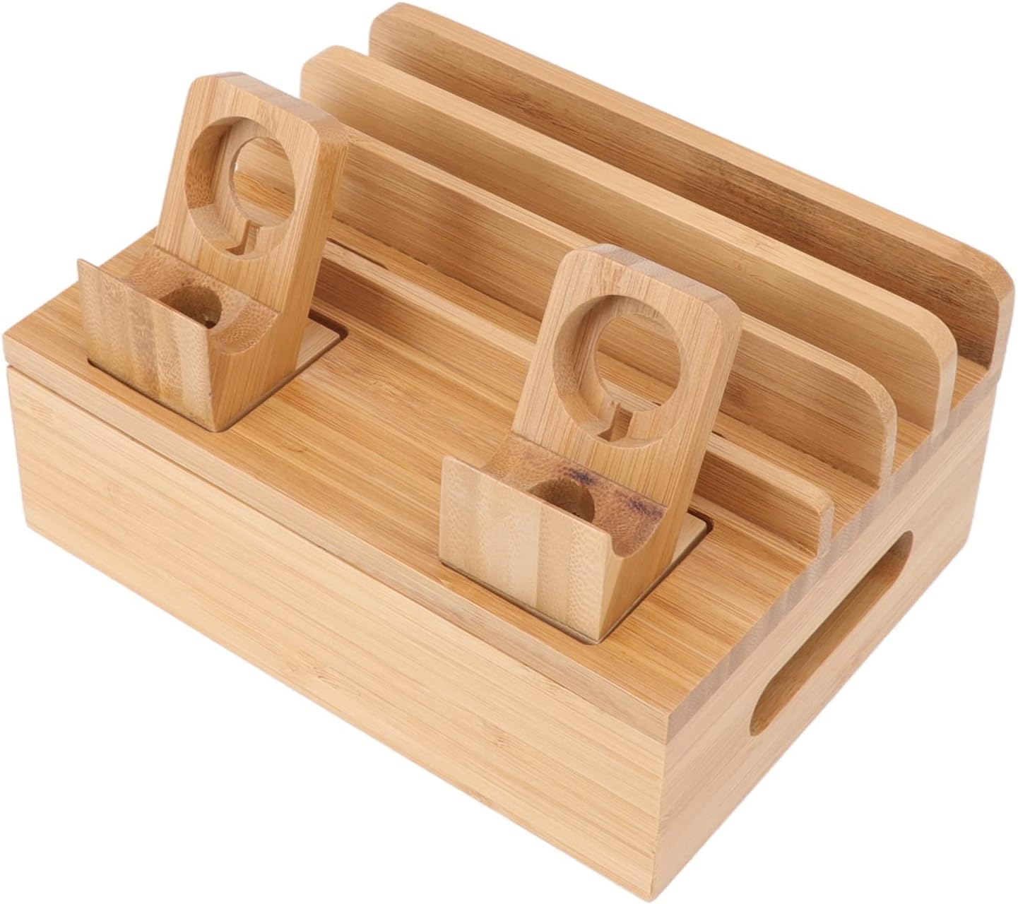 Bamboo Charging Station for Multiple Devices with 5 Port USB Charger, Electronic Device Desktop Dock Stations Organizer for iPads, Laptops, Tablets, Watch (Wooden)