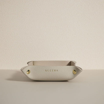 OLETHA Small Foldable Valet Tray - Aesthetic Desk Organizer for Home, Office & Travel - Portable Catch All Bowl for Keys, Scrunchie & Jewelry - Rattan Textured, Beige
