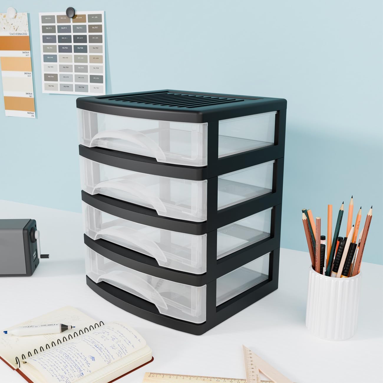 BYCY Medium 3 Drawer Plastic Clear Stacking Desktop Organizer for Office Supplies, Stackable Storage Drawers Storage Bins For Kitchen Cabinets, Pantry, Home Organization (Black, Medium 3Drawer)