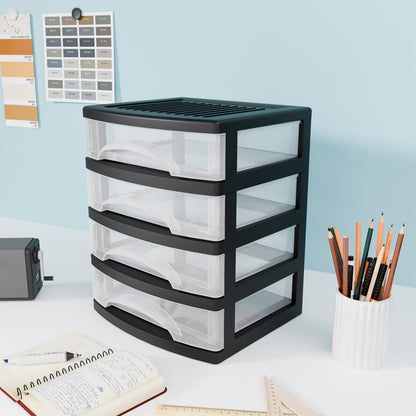 BYCY Medium 3 Drawer Plastic Clear Stacking Desktop Organizer for Office Supplies, Stackable Storage Drawers Storage Bins For Kitchen Cabinets, Pantry, Home Organization (Black, Medium 3Drawer)