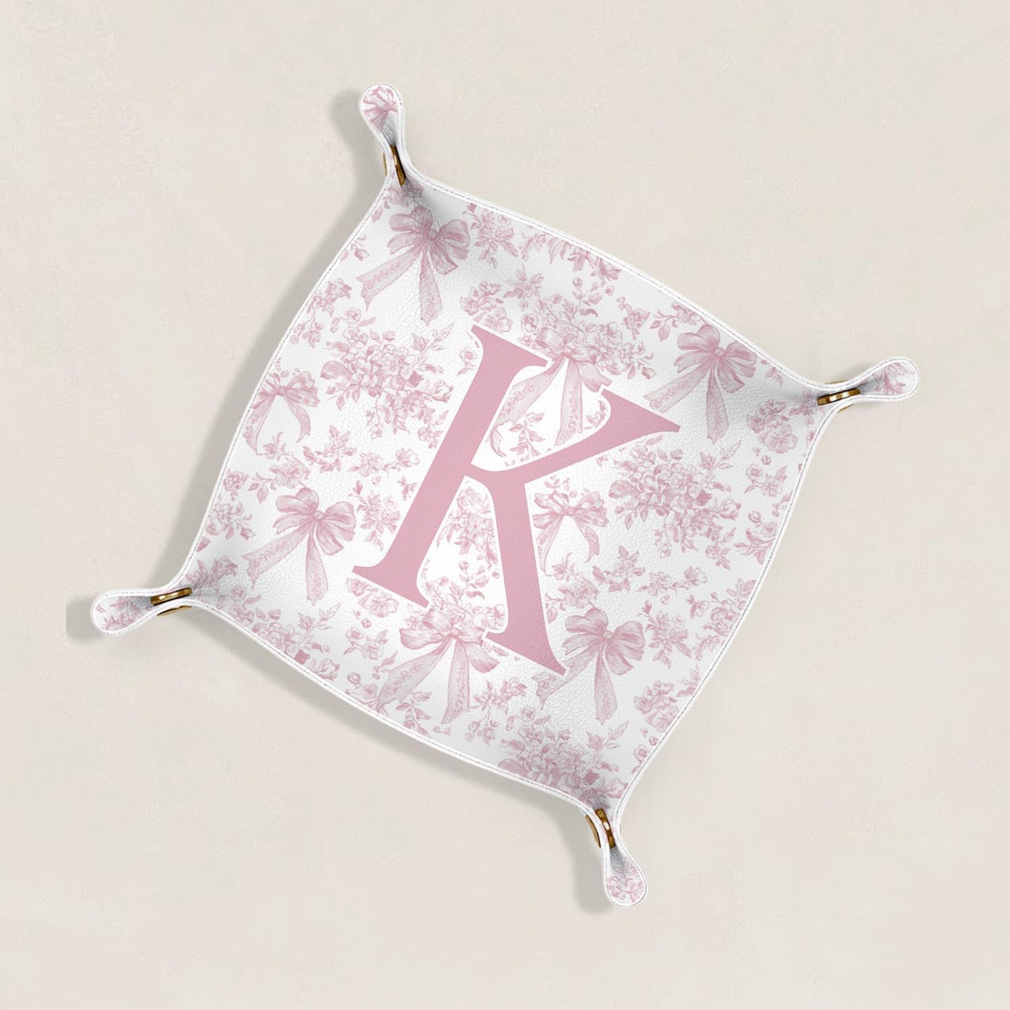 Gifts for Mom Initial Valet Tray,Pink Personalized Gifts for Women Mom Grandma Girlfriend,Nightstand Desk Accessories PU Leather Tray Organizer for Birthday Christmas Gift Ideas (B)