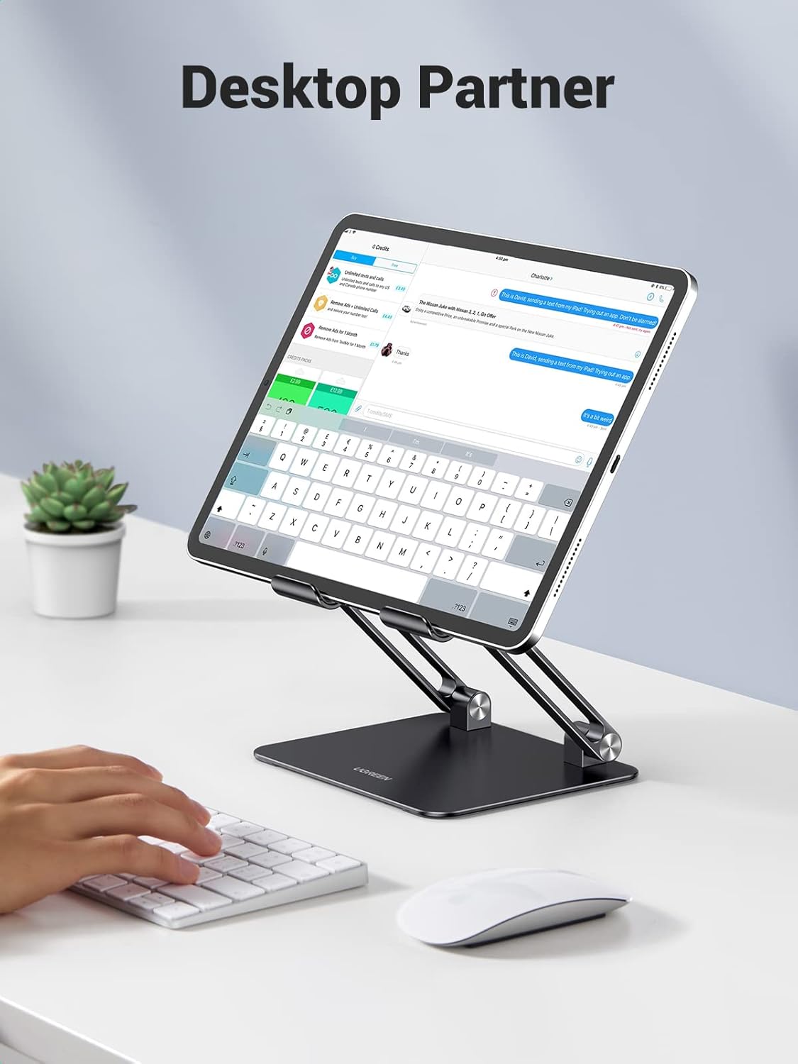 UGREEN Tablet Stand Holder for Desk Dual Rod Support Aluminum Tablet Holder Adjustable Multi-Angle Home Office Accessories Compatible with iPad Pro 13 12 11 10.5 Air Mini 5 4 3 2 Phone E-Reader Silver