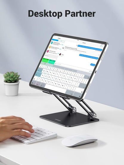 UGREEN Tablet Stand Holder for Desk Dual Rod Support Aluminum Tablet Holder Adjustable Multi-Angle Home Office Accessories Compatible with iPad Pro 13 12 11 10.5 Air Mini 5 4 3 2 Phone E-Reader Silver