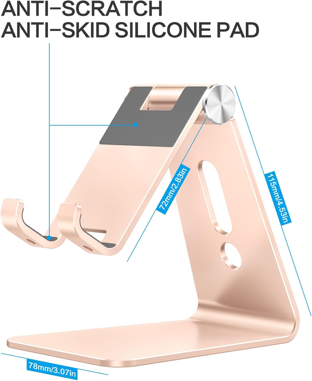 Adjustable Cell Phone Stand, OMOTON Aluminum Desktop Cellphone Stand with Anti-Slip Base and Convenient Charging Port, Fits All Smart Phones, Silver