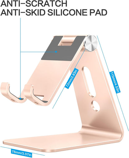 Adjustable Cell Phone Stand, OMOTON Aluminum Desktop Cellphone Stand with Anti-Slip Base and Convenient Charging Port, Fits All Smart Phones, Silver
